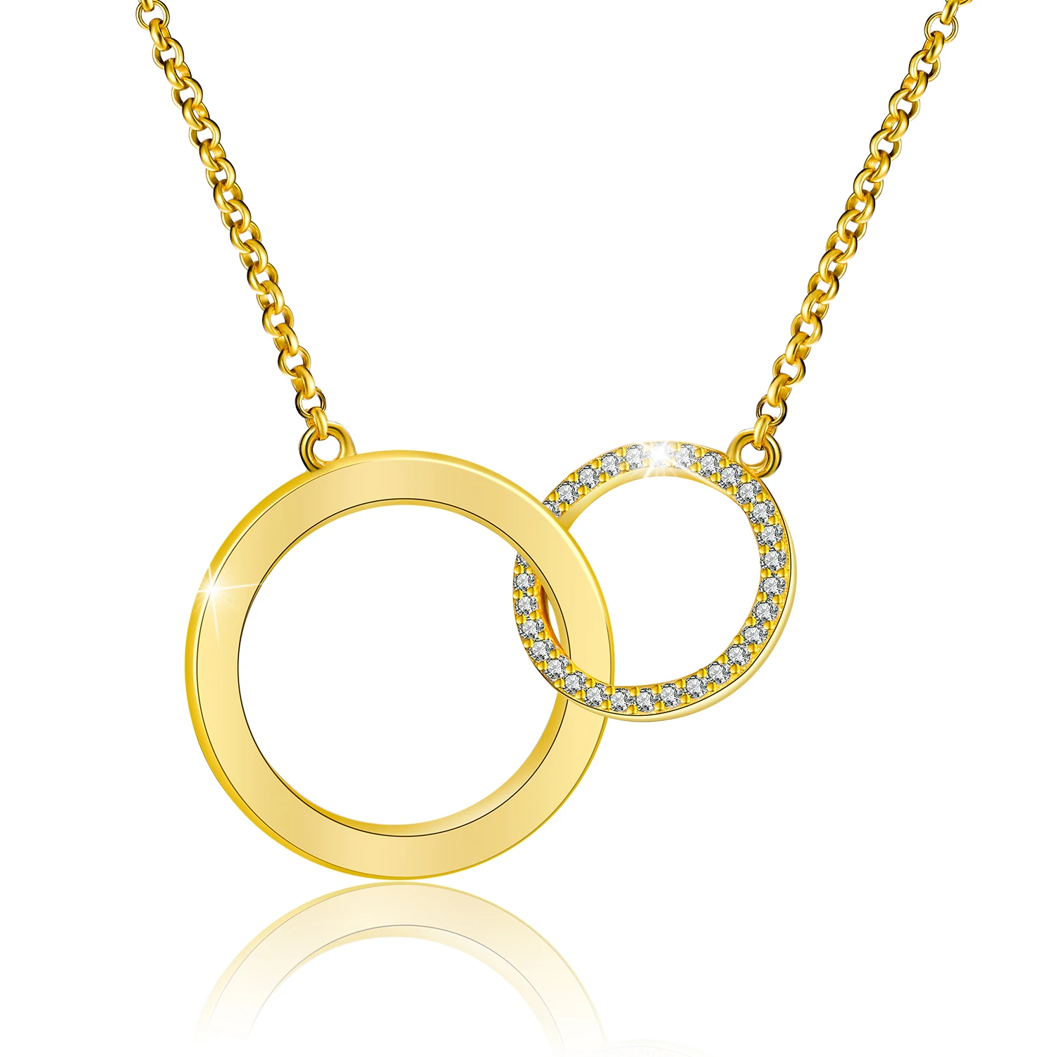 Trendy 18K Gold Plated Real 925 Silver Chains Double Circle Shape Zircon Pendant Necklace For Women Fashion Jewelry