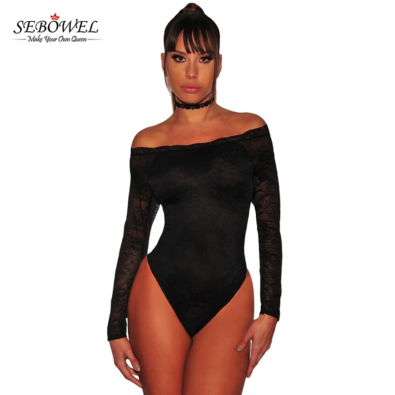 

Top Quality Black Off Shoulder Long Sleeve Lace Bodysuit