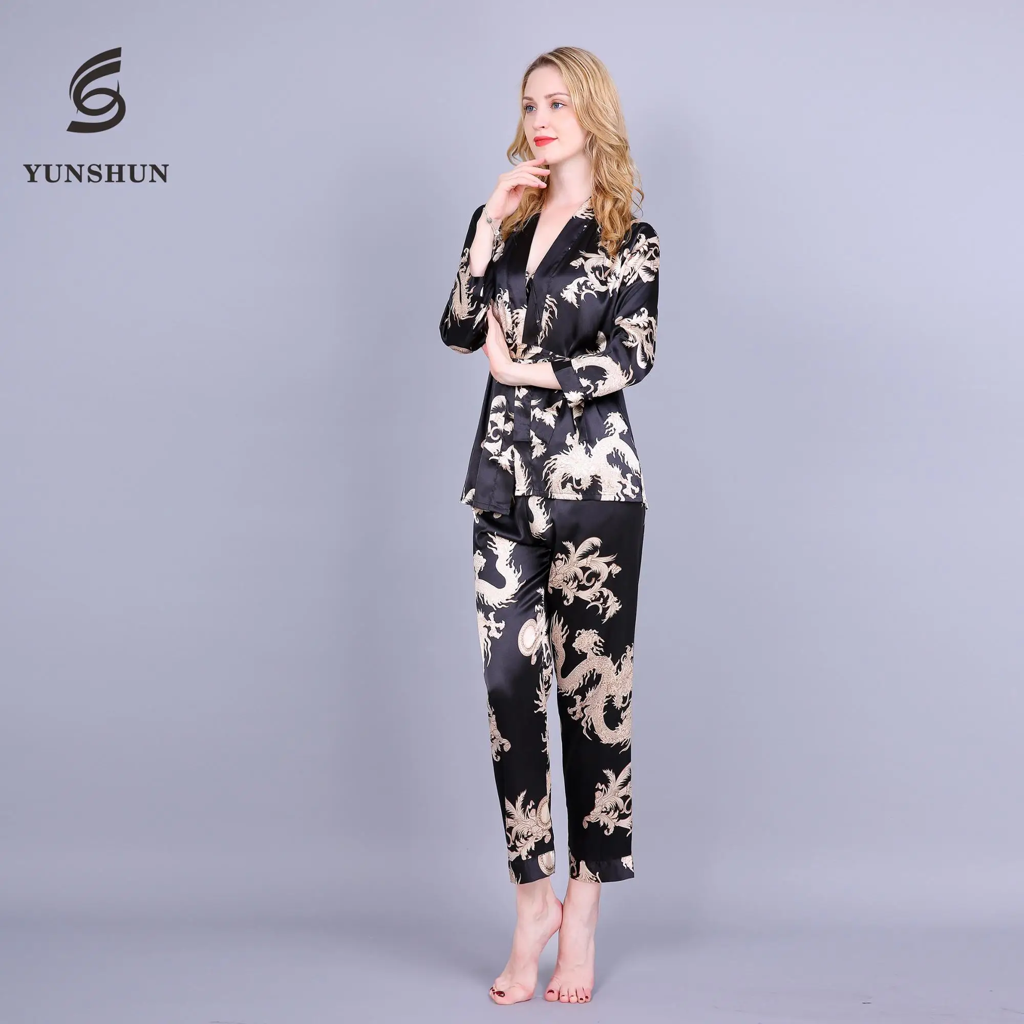 

silk high quality women 3 piece print pajamas sleepwear wholesale hot lady nightwear