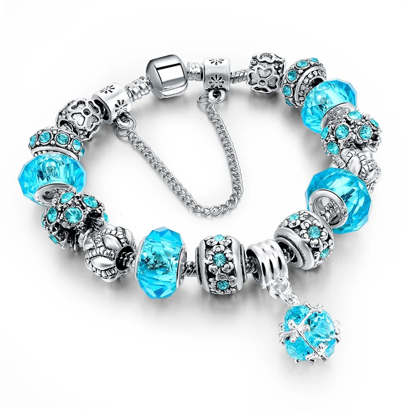 

Authentic European-style blue crystal silver bracelets for women christmas gift
