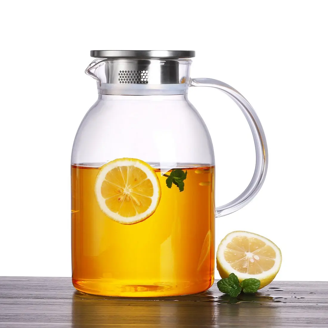 Pitcher with Stainless Steel Lid, Borosilicate Water Carafe with Spout and ...