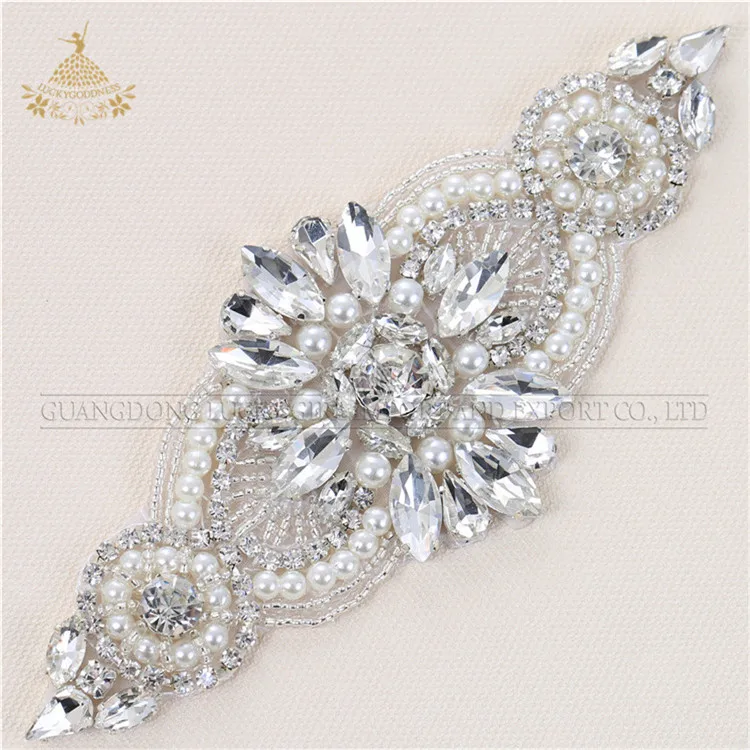 

Medallion Vintage Bridal Pearl Crystal Rhinestone Applique Wedding Sash Belt, Silver