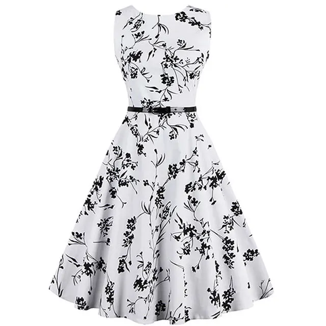

Sexy Women's Sleeveless Sport Cross Vintage Summer Elegant 1950's Retro Floral Print Belted Party Office Casual Dress for Women
