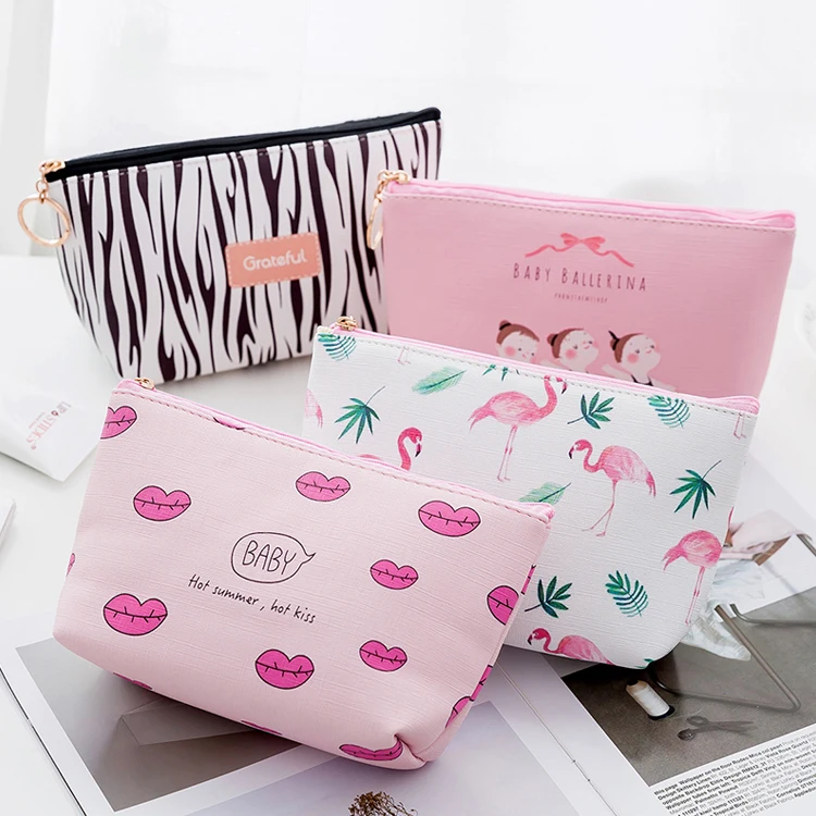 

Pink Flamingo PU Leather Makeup Bag Toiletry Purse Pouch for Women Customized Logo Cosmetic Packaging Bag Travel with Zipper