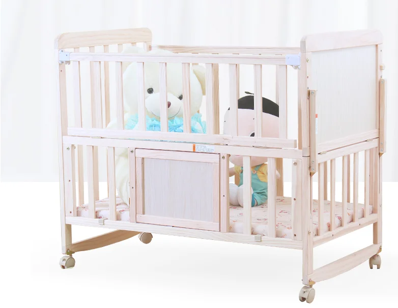 Pan Solid Wood Baby Furniture Bed Crib Wooden Baby Cot With Wheels