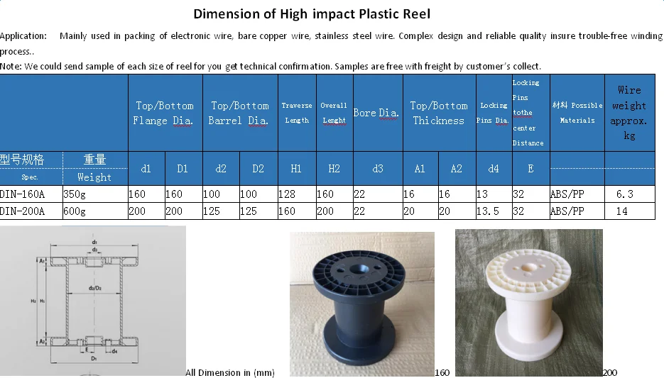 DIN 200D plastic wire spools for cable, View plastic spools for wire