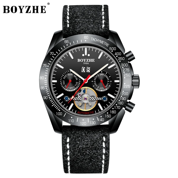 

BOYZHE fashion luxury brand man watch Genuine Leather tourbillon skeleton watch Automatic mechanical watch