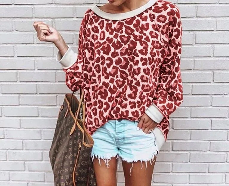 

E30 Newly Women Long Sleeve Leopard Print Fashion Chic Shirts Warm Loose Blouse Casual Jumper Pullover Tops, N/a