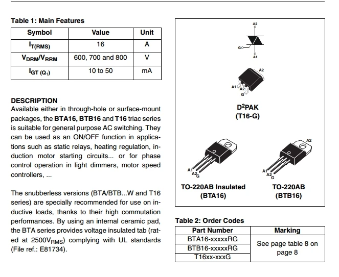 Stmicroelectronics Bta16 600 Bta16 600b Triac 16 Amp 600 Volt 1 Pack Interfaces Industrial Electrical