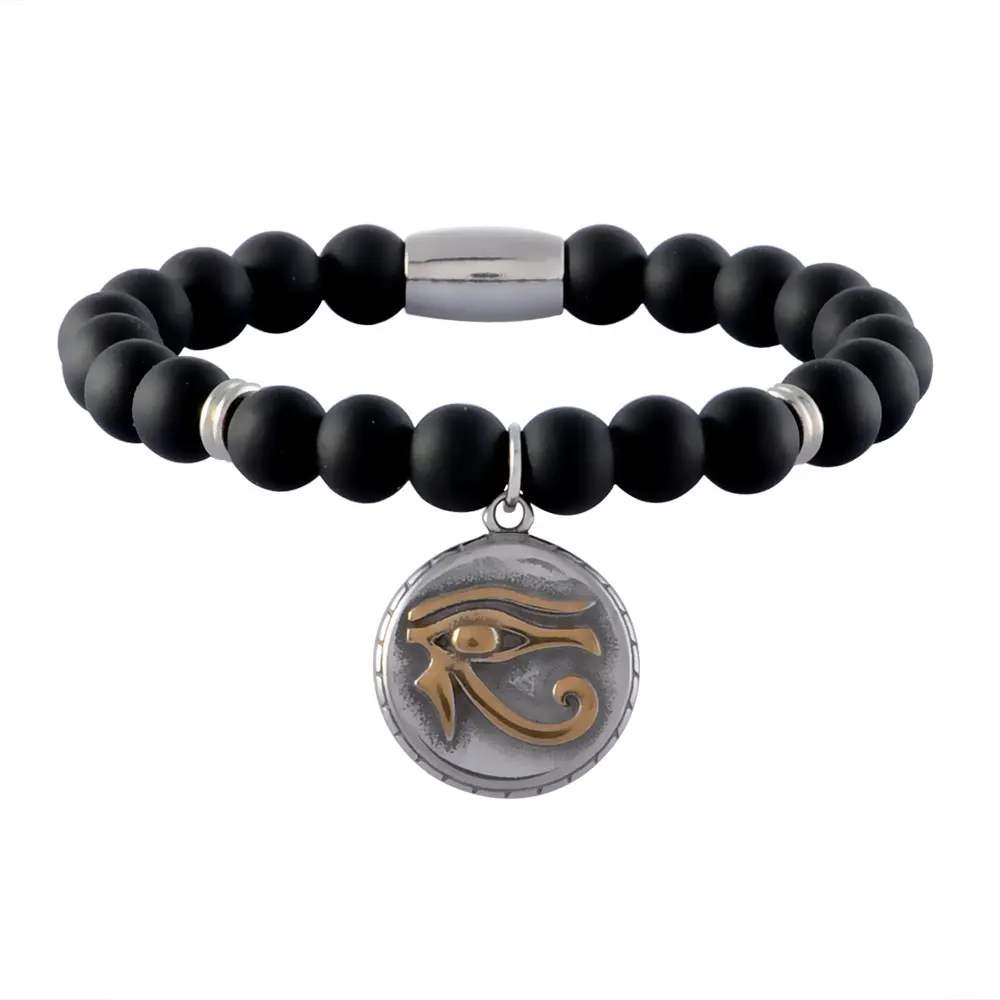 

Eye of Horus Titanium Stainless Steel 8mm Agate Retro Bracelet for Birthday Gift, Black