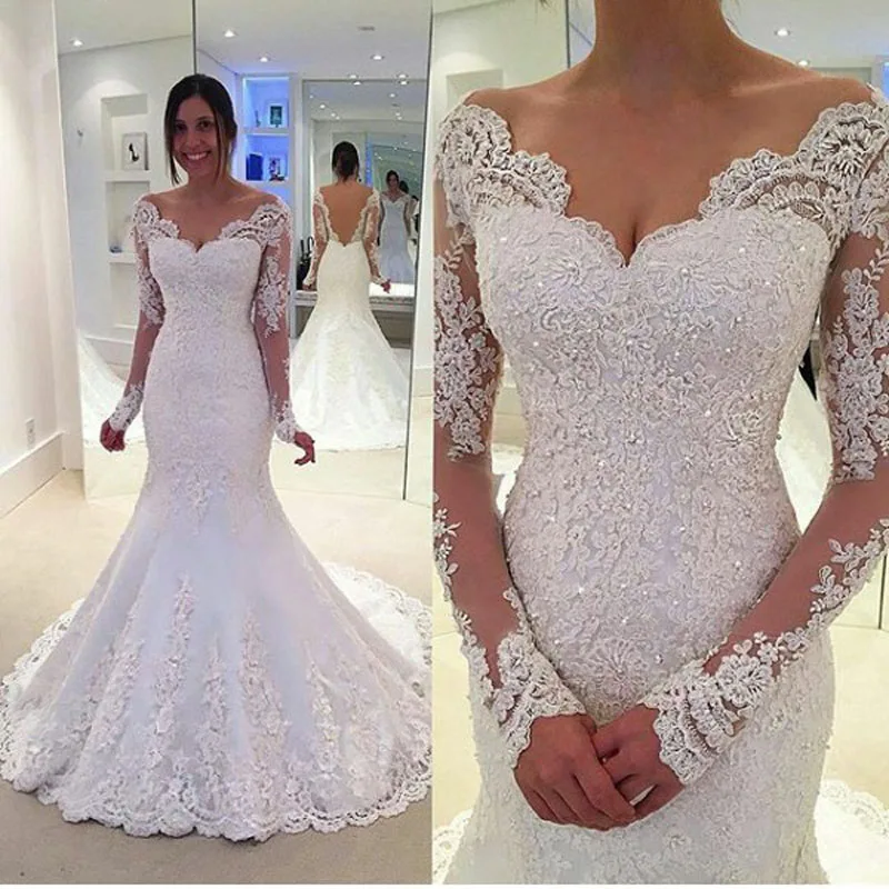 

White Mermaid Vestidos De Novia Capped Floor Length Beaded Wedding Dresses High Quality Lace Applique Backless Wedding Gown, Optional