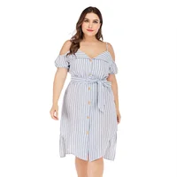 

New Fashion Women's Plus Size Off the shoulder Double Split Sexy Spaghetti Strap V Neck Midi Striped Dresses With Waist Bow Tie