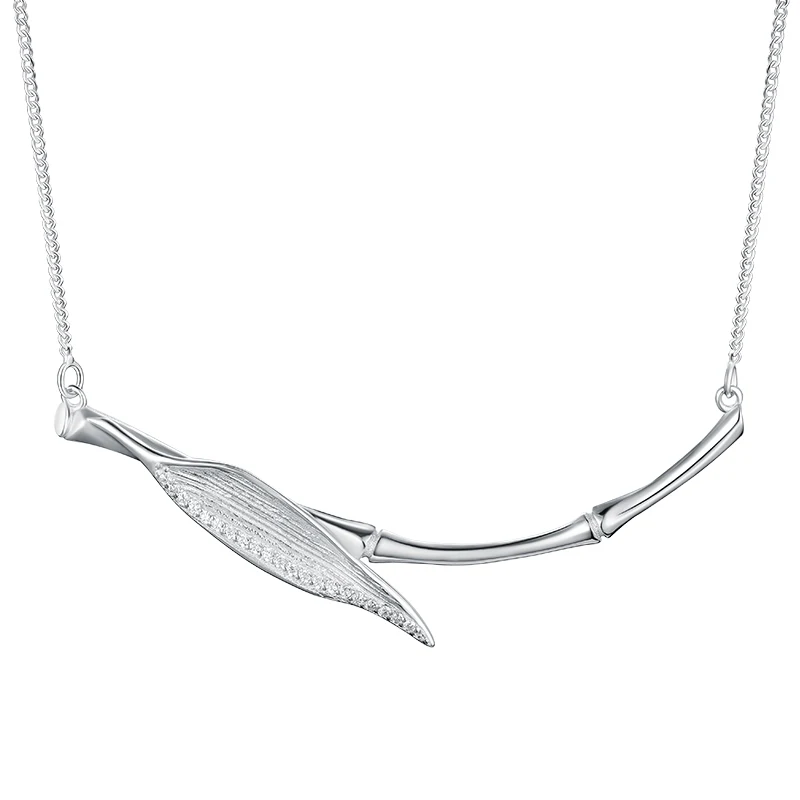 Minimalist jewelry 925 sterling silver bamboo leaf zircon necklace