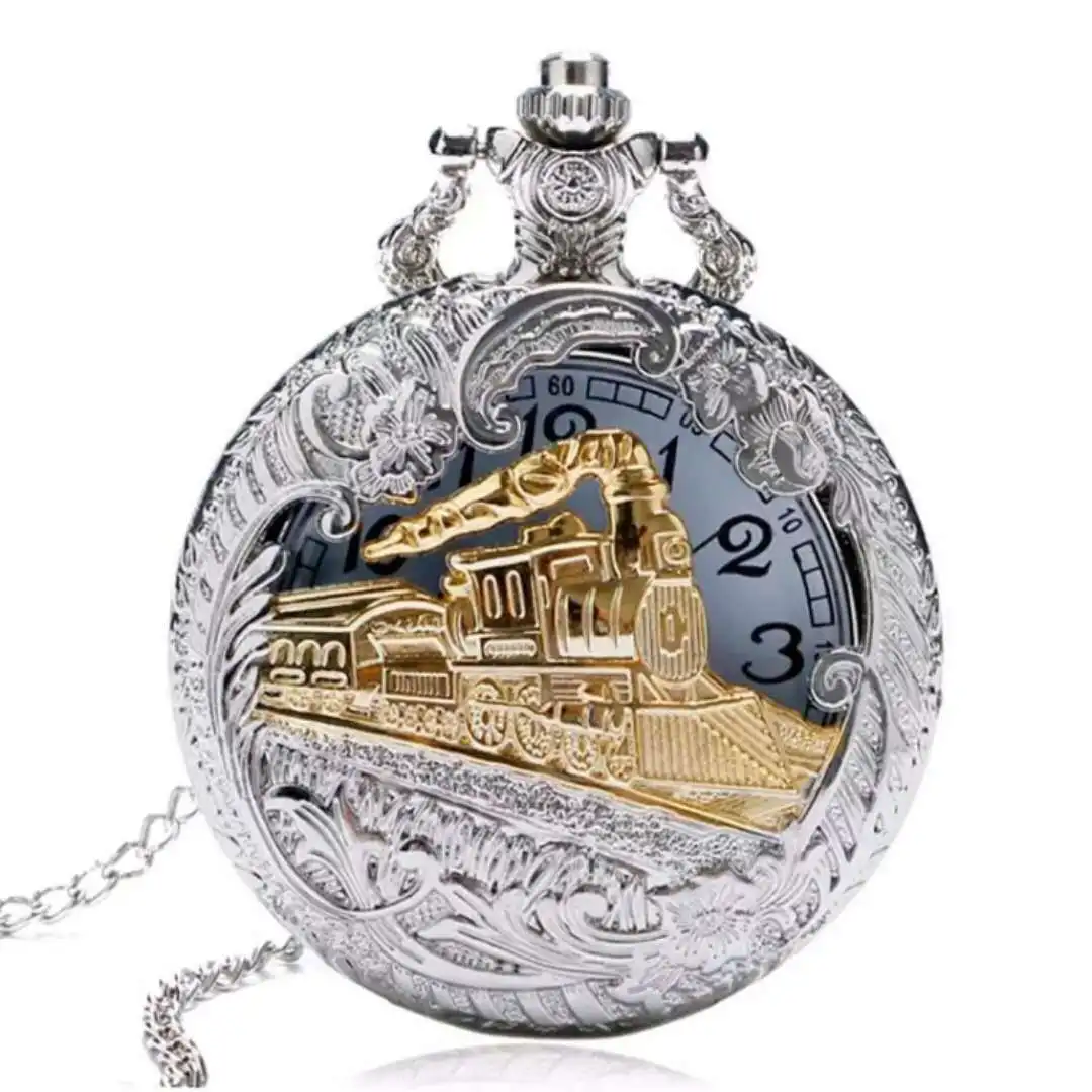 

Vintage Silver Charming Gold Train Carved Openable Hollow Steampunk Quartz Pocket Watch, Yellow;blue;white