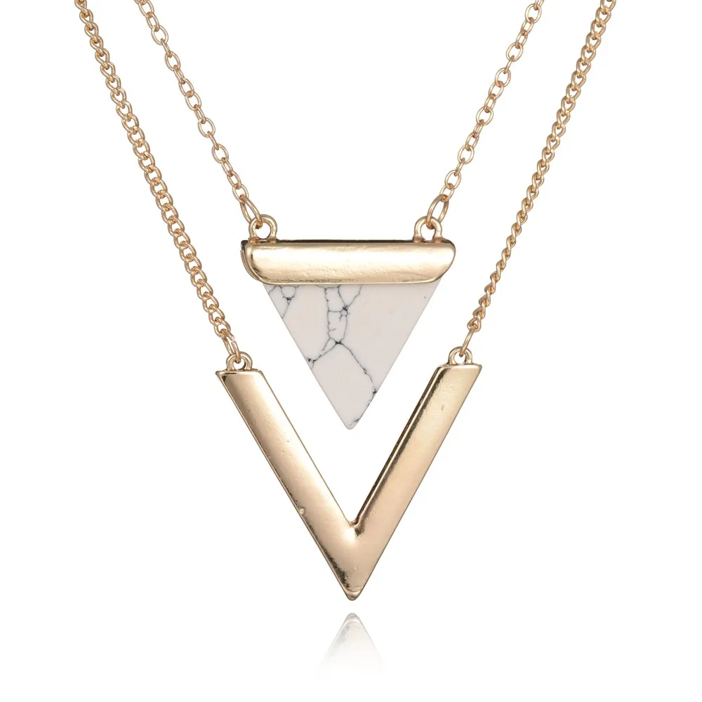 Gold Color Punk Necklaces From India stone Geometric Triangle Faux Marble Stone Pendant Necklace Vintage for women Jewelry