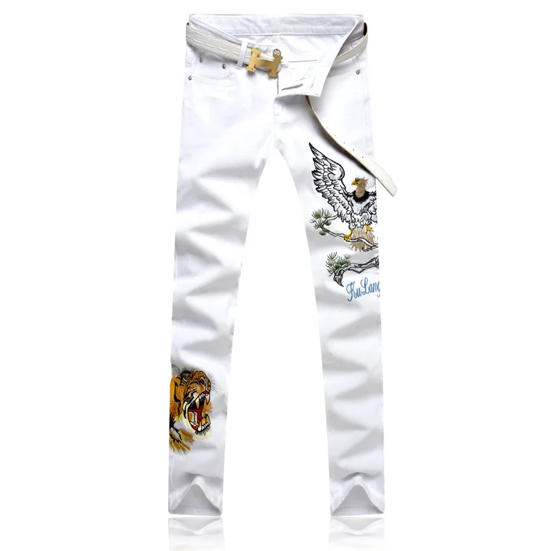 

New 2019 original personalized tiger embroidery white cotton slim straight men jeans