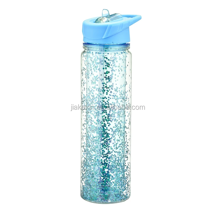 

Portable Plastic Sport Outdoor Double Wall Glitter Water Bottle with Handle and Straw, Customized acceptable