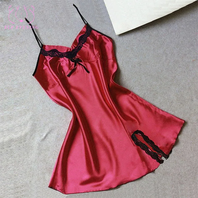 

2019 High Quality Petite Sleeveless Sexy Lace Trim Slip Silk Short Lingerie Nightwear Pajama for women, As photo