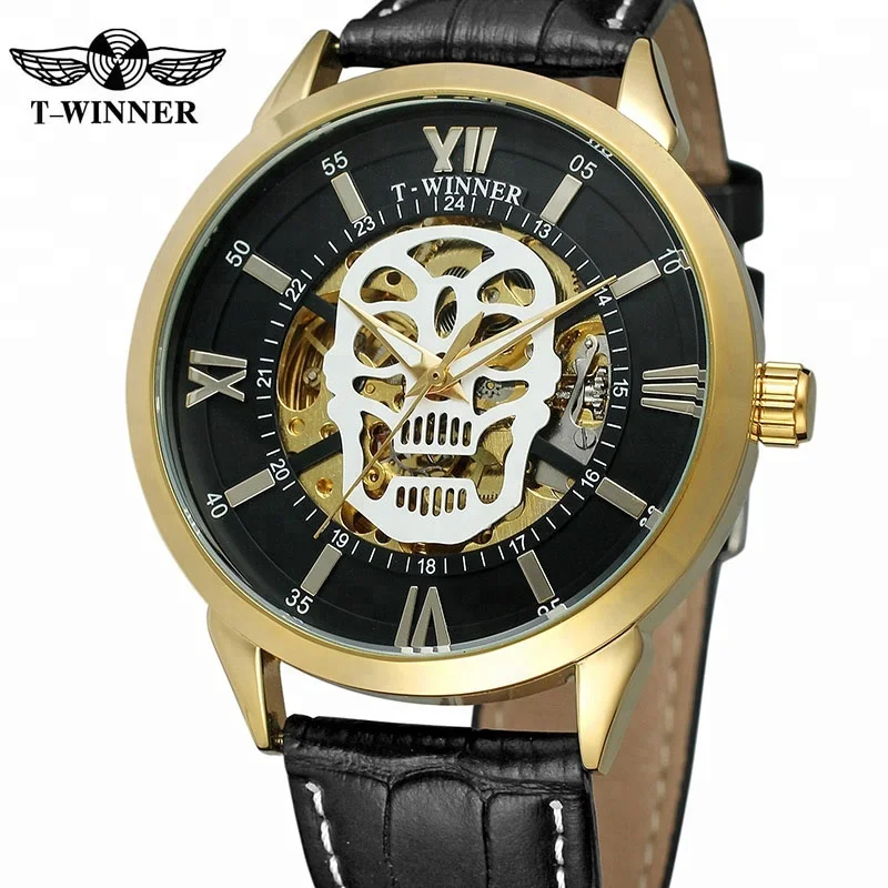 

WINNER Latest Cool Black Men Skeleton Auto Mechanical Watch Genuine Leather Strap Golden Skull Heavy Metal Steampunk Wristwatch, 6 colors