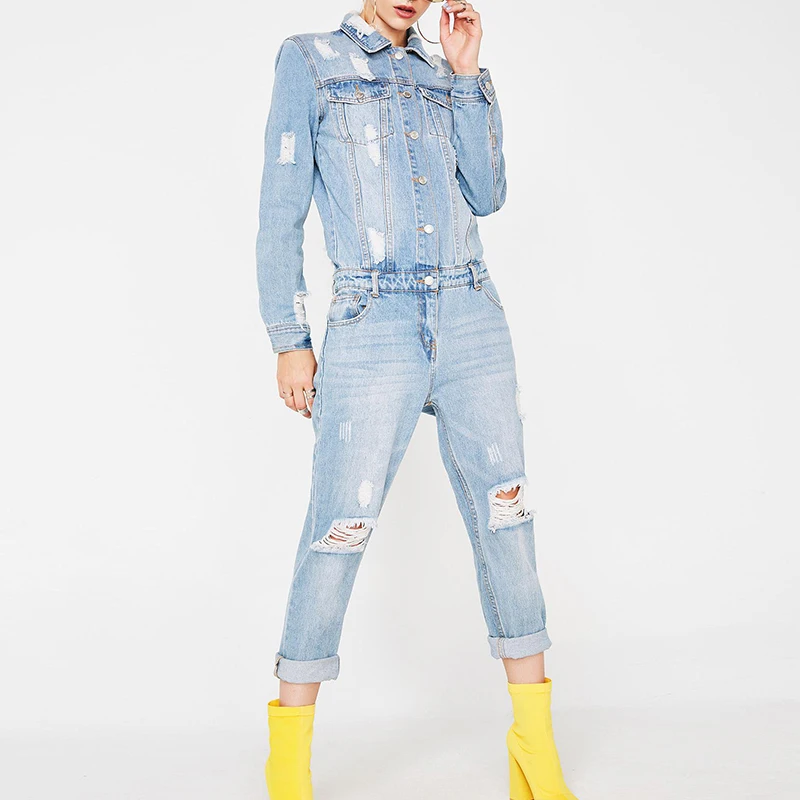 denim ripped jumpsuit