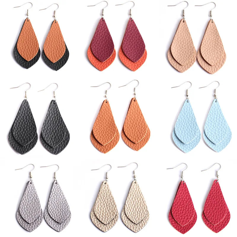 Korean Fashion Double Side Leaf Leather Ethnic Drop Dangle Hook Boho Personality Women Earrings