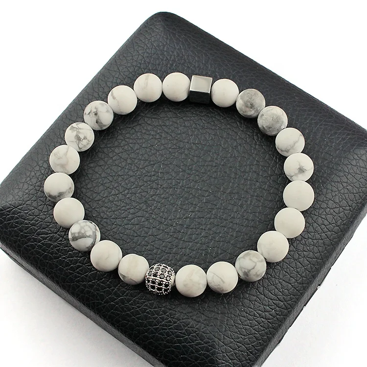 

BN2005 China suppliers natural howlite stone bracelet,elastic gemstone bracelet with disco ball, White