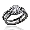 Wholesale Size 6~14 316L Stainless Steel 2-Tone(Silver & Black Plating) Micro Pave Prong Setting Three Piece Wedding Rings Set