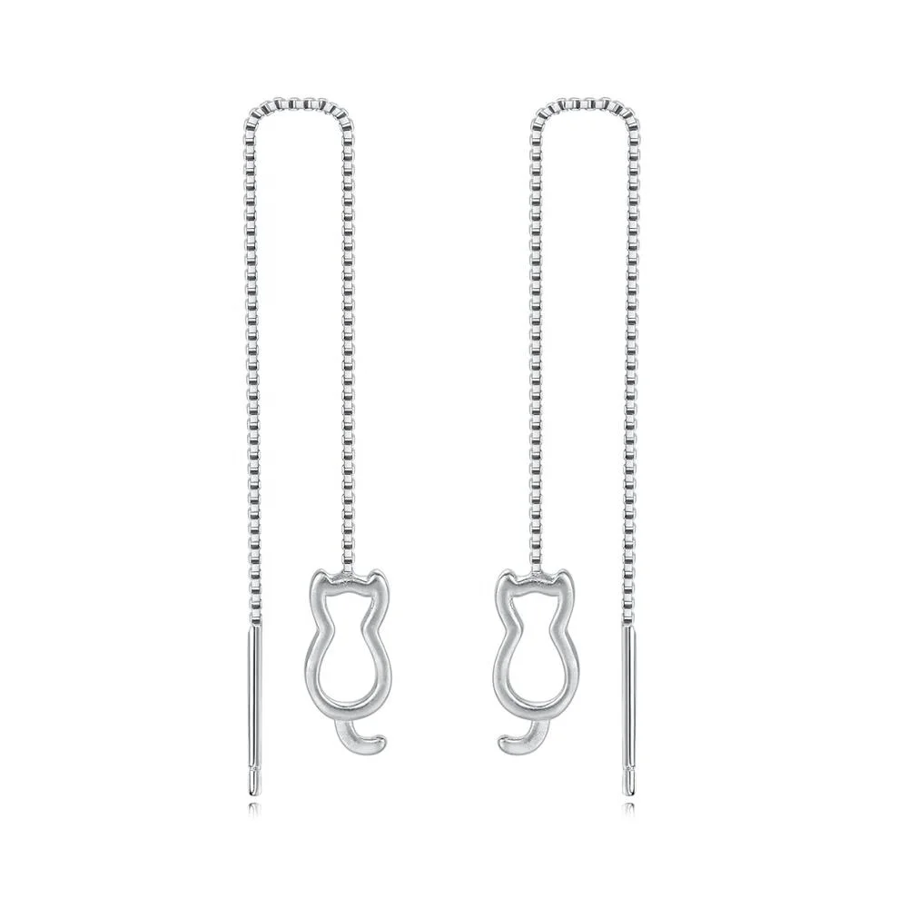 

Fashionable Womens Girls Korean Jewelry Cute Unique Design 100% 925 Sterling Silver Long Chain Cat Earrings EY017, Silver color