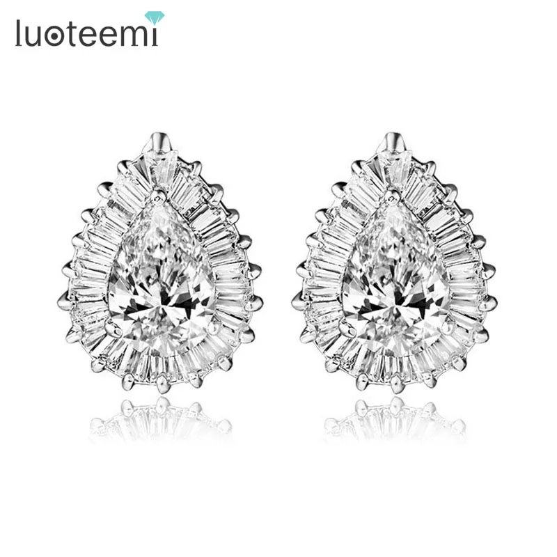 

LUOTEEMI JINSE Wholesale Classical Clear Pear Shaped CZ Rectangle Teardrop Bridal Earrings