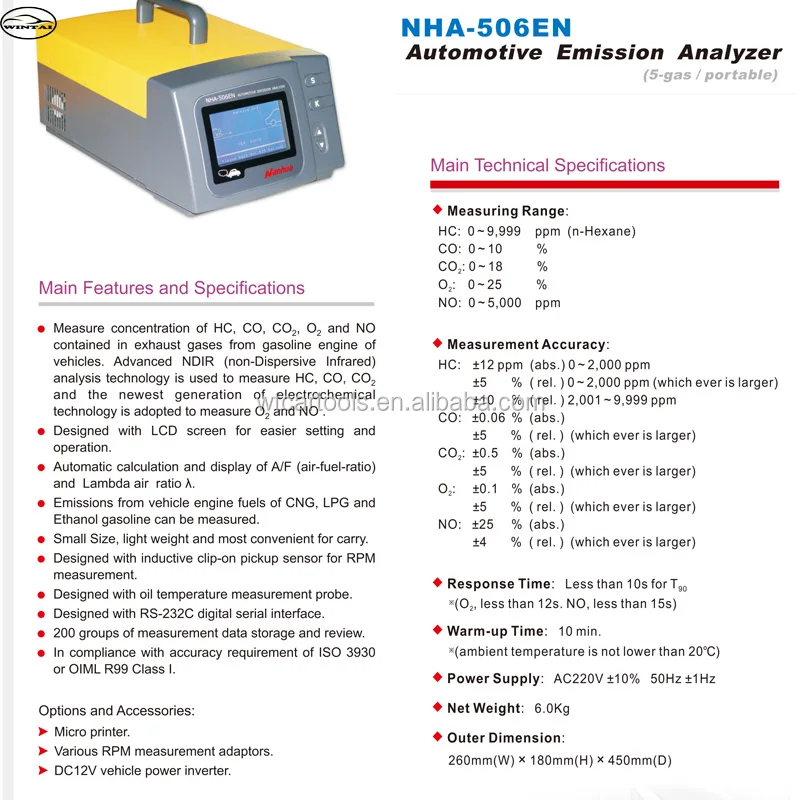 Nha 506en Vehicle Emissions 5 Gases Hc,Co,Co2,O2 Automotive Petrol And