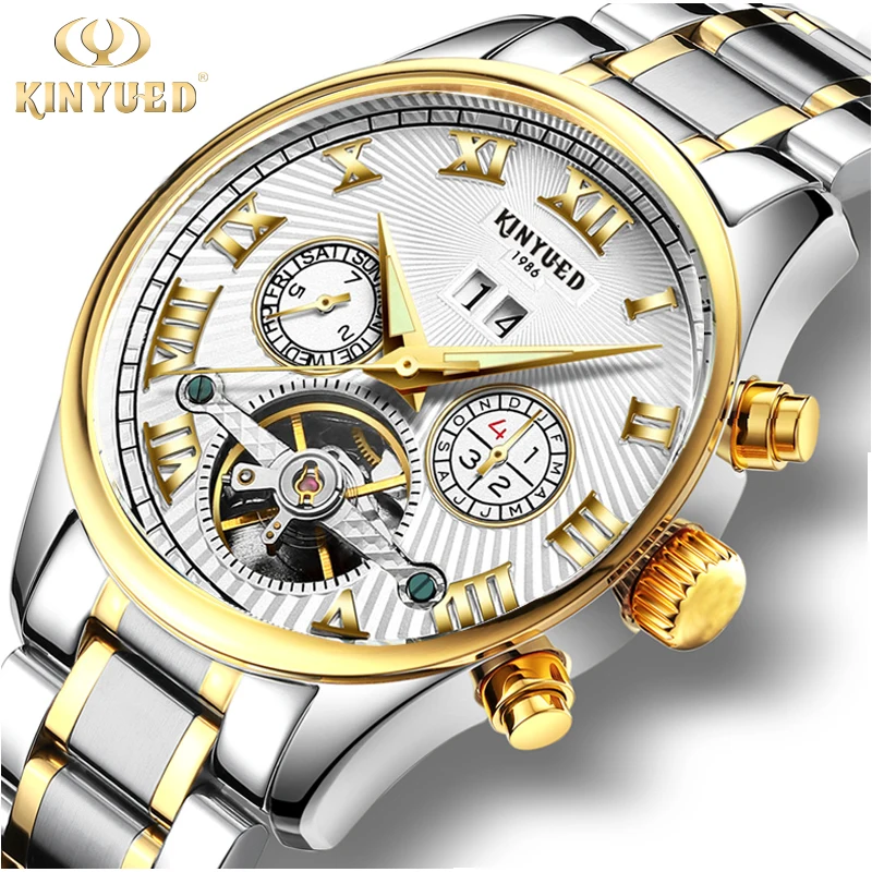 

KINYUED J011 Business Mechanical Watches Mens Skeleton Tourbillon Automatic Watch Gold Steel Calendar Waterproof Relojes Hombre, 3 colors to choose