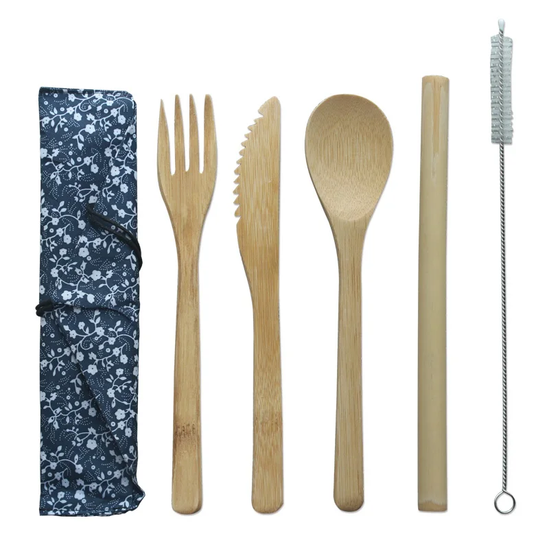 

Wholesale eco wooden flatware travel reusable bamboo cutlery set with bag, Natural