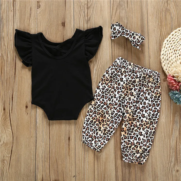 Wholesale Kids Summer Bodysuit Tops  Pants Bowknot Headband Outfits Set