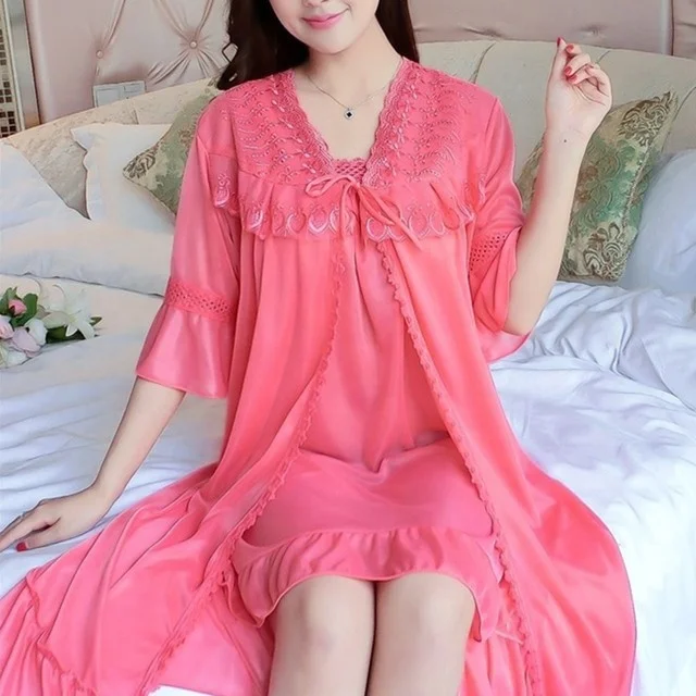 

Wholesale Summer 2Pcs lingerie Nightwear Ice Silk Satin Sleepwear Sexy Lace Bathrobe Set Plus Size Nightdress For Ladies, As picture