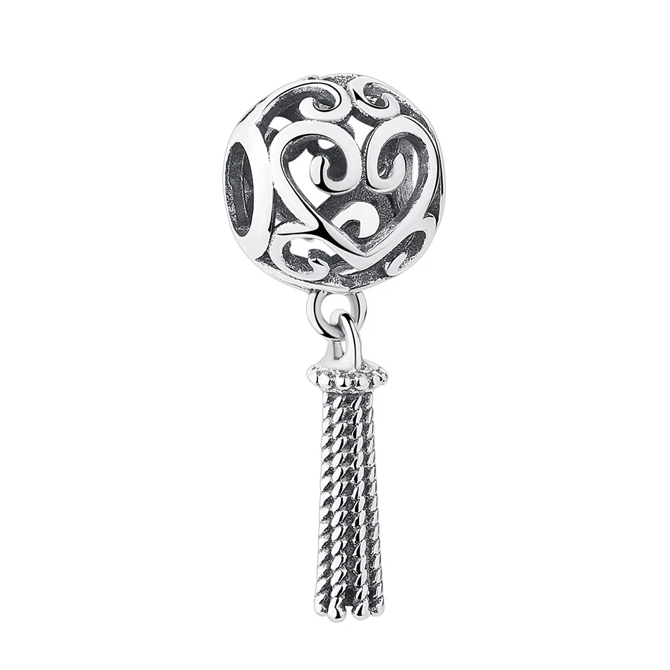 

925 Silver Retro Love Heart Charm Beads with Tassel Big Hold Beads for Bracelet&Necklace Jewelry Making, Silver color