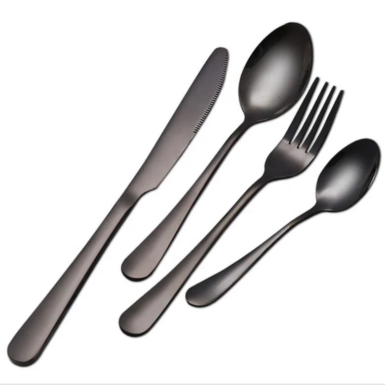

Wholesale Black Cutlery Set Stainless Steel Tableware Silverware Sets Dinner Knife and Fork Flatware set, As picture