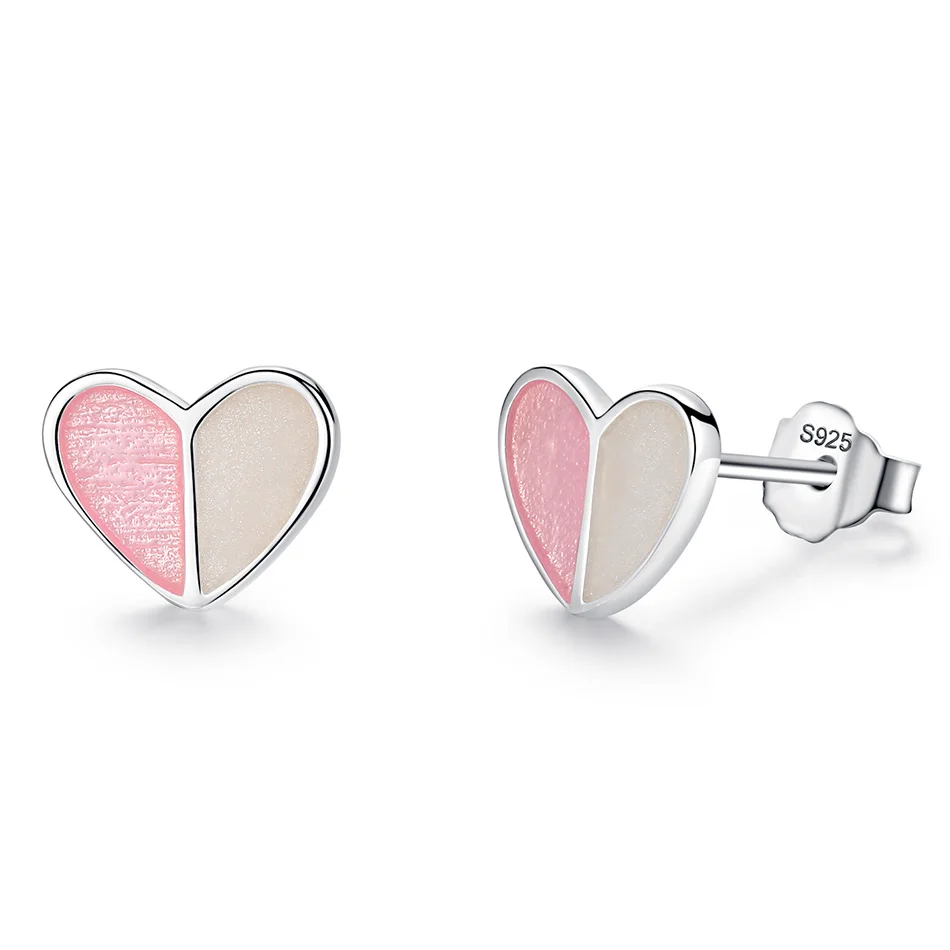 

Unique 925 Sterling Silver Earrings Lover Pink Enamel Heart Stud Earrings fit Fashion Female Jewelry