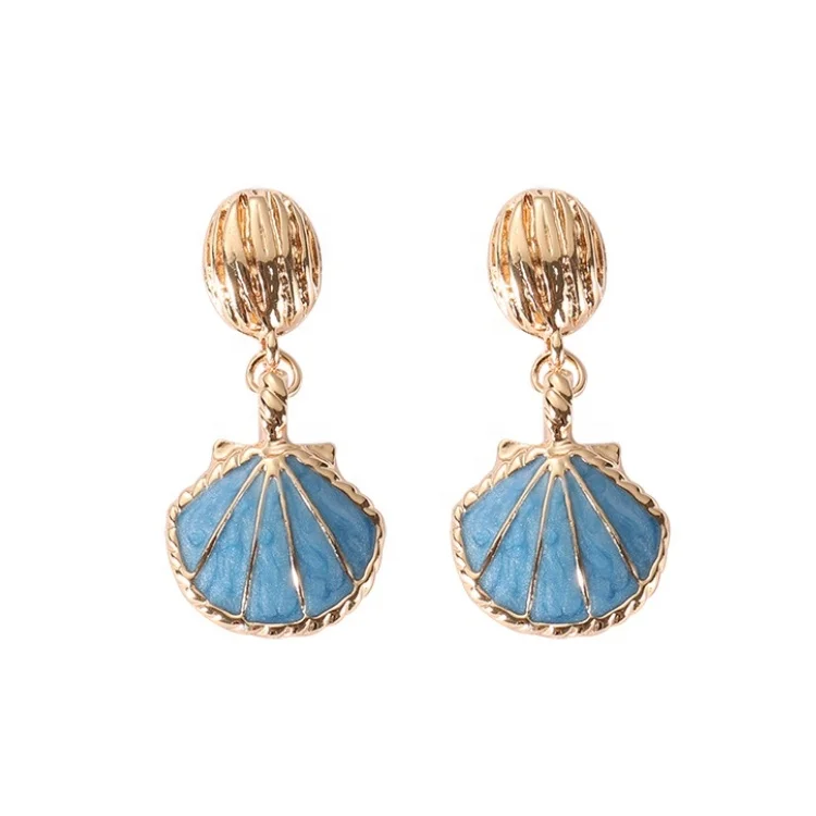 

Women Beach Nature Seashell Drop Pendant Short Elegant gold Cowrie Shell Earring Jewelry, Blue,white