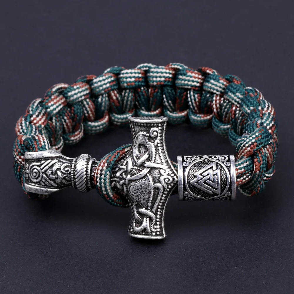 

Wholesale handmade Odin Thor Hammer Mjolnir Viking Bracelet Valknut Vegvisir Rune Bead, Antique silver