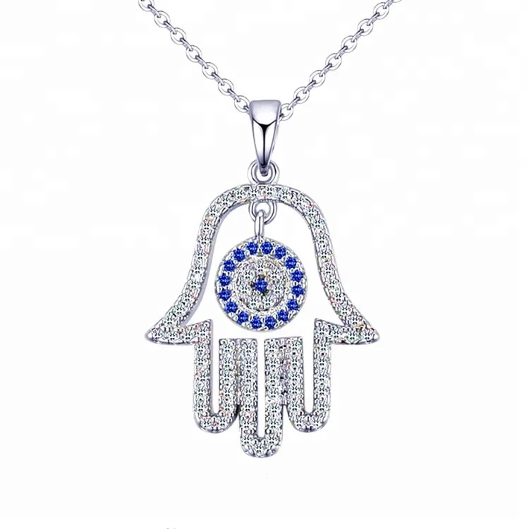 

Micro pave cz hamsa hand blue eye necklace pendant