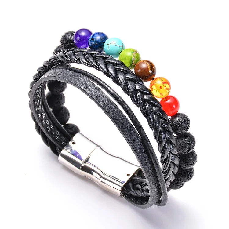 

GC-BC0746W Fashion Jewelry Unisex Yoga Balancing Seven Chakra Reiki Healing Genuine Leather Stack Bracelet, N/a