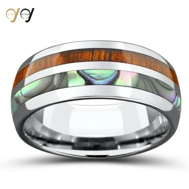 316L Stainless Steel Jewelry Men's Natural Sea Shell Koa Wood Stainless Steel Ring Dome comfort Fit