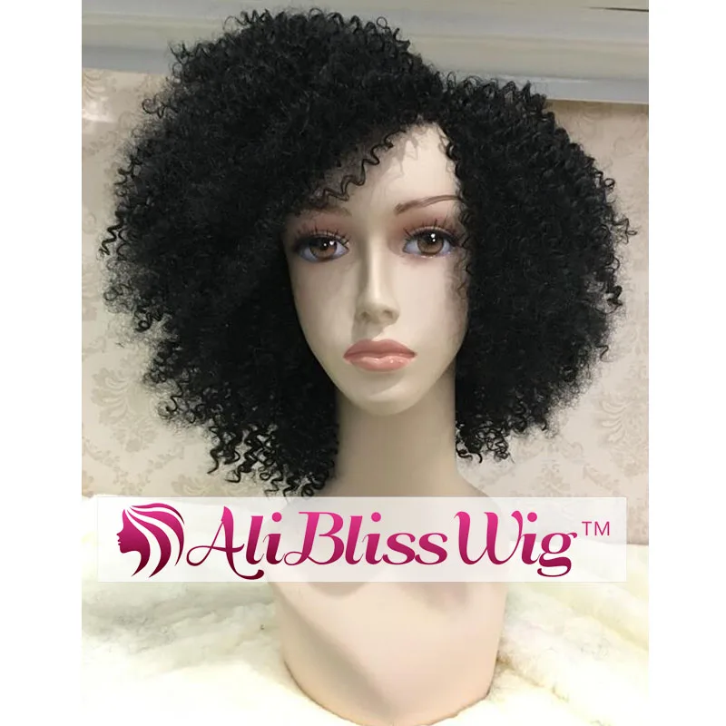 

High Temperature Heat Resistant Fiber Hair Left Part None Lace Full Wig 1B Black Short Kinky Curly Synthetic Wig for Black Women