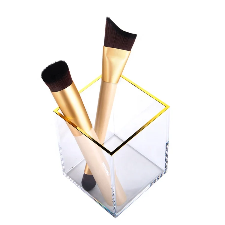 Acrylic Glass Clear Pen Pot Brush Holder Clip Storage Box With Golden