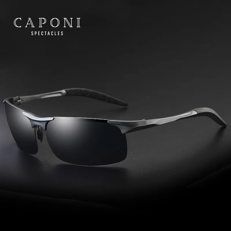 

CAPONI Brand Semi-Rimless Sunglasses Frame Men Polarized Glasses Driving Goggle Aluminum Sun Glasses Eyewear, Gun/black/brown/silver/gold