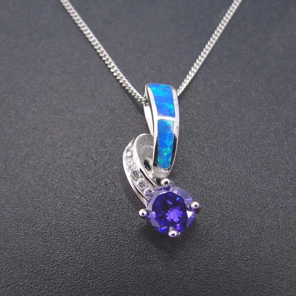 

925 Sterling Silver Blue Fire Opal with Tanzanite Pendant Necklace