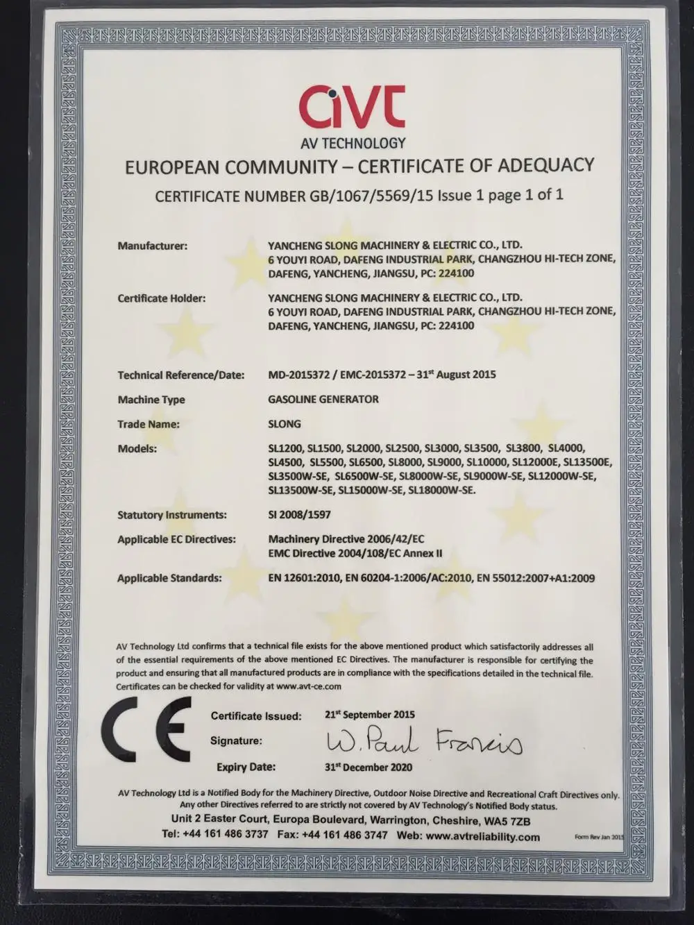 Yancheng slong 1KW portable gasoline generator slong brand electric generator .156 gasoline engine