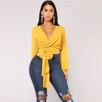 

FASHION LONG SLEEVE HOLLOW OUT YELLOW BANDAGE TOP