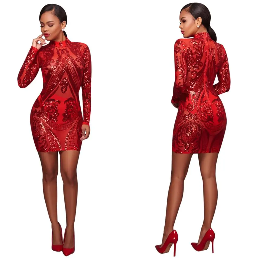 

Sexy Fashion Women Club Dress Long Sleeves O-neck Button Hip skirt