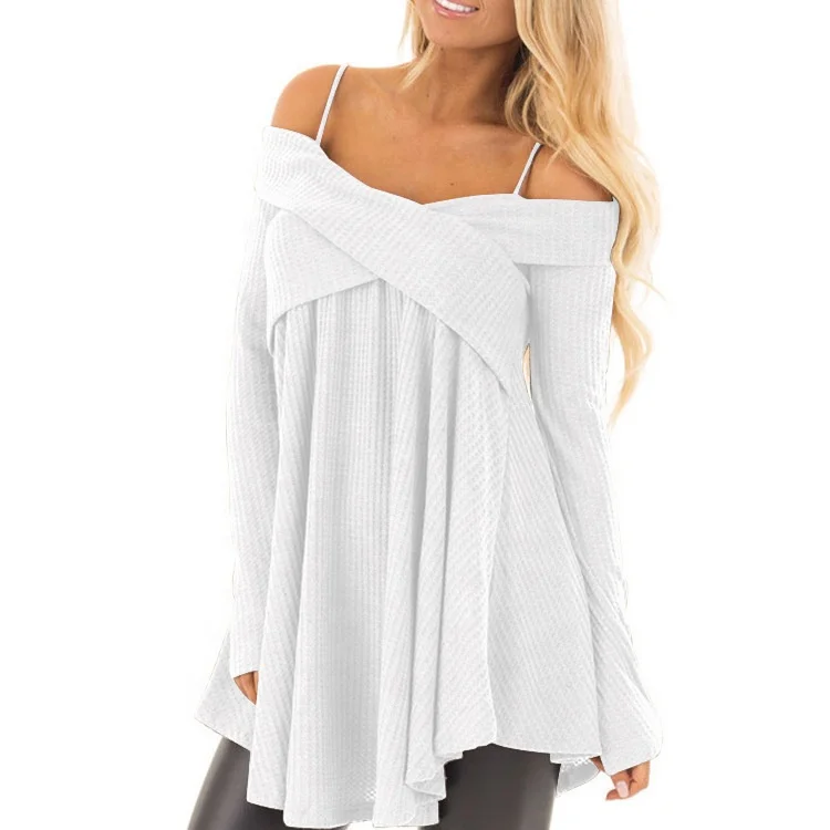 

Wholesale Ladies Long Sleeve Shoulder Plus Size Shirts Tops, As shownn
